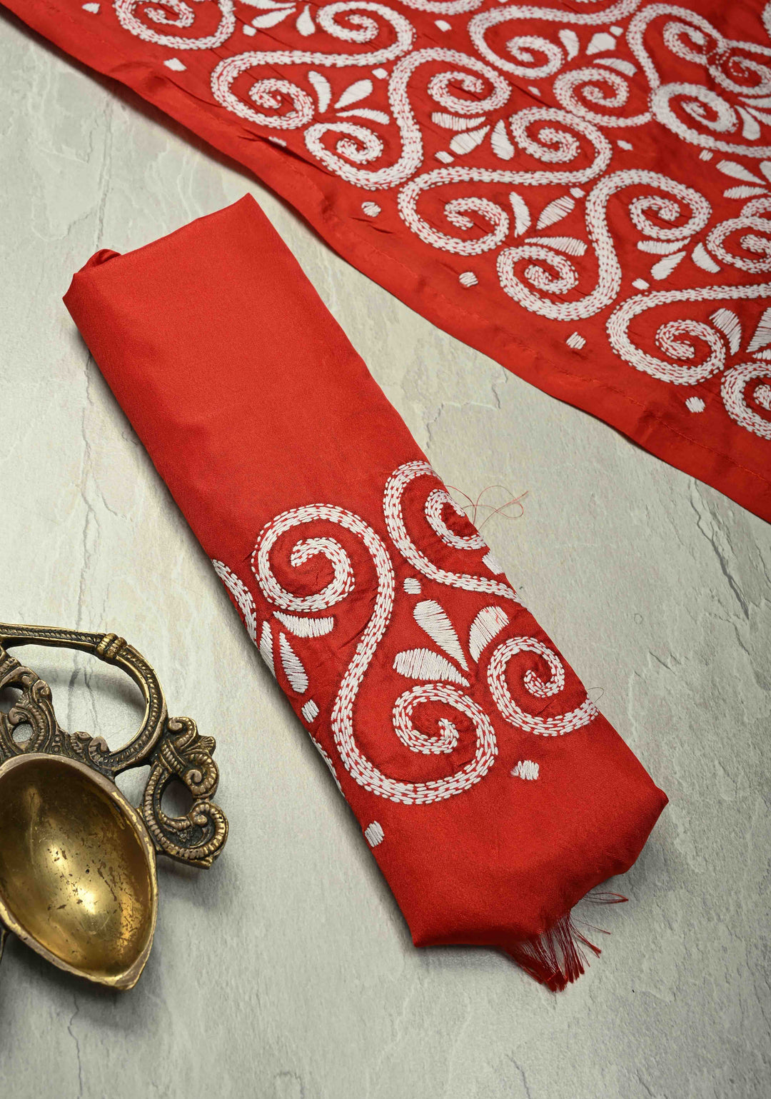 Vermilion Art Silk Saree with Kantha Hand Embroidery