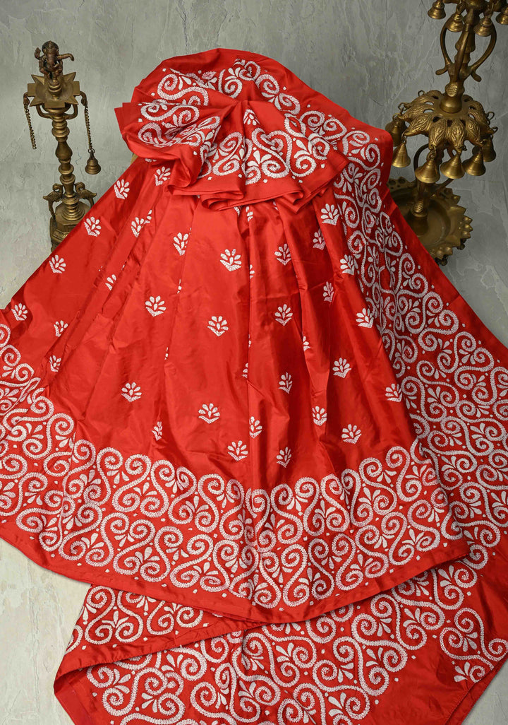 Vermilion Art Silk Saree with Kantha Hand Embroidery