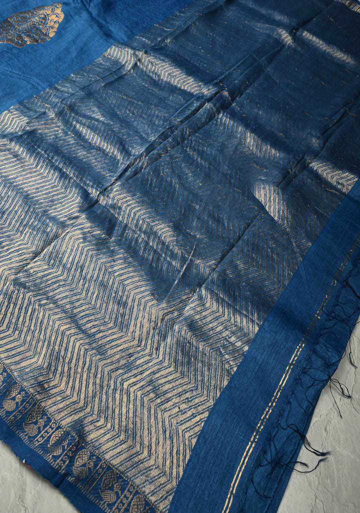 Blue Banarasi Linen Saree with Zari Buttas and Zari Border | SHOBITAM