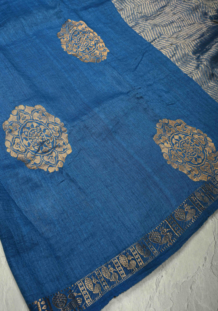 Blue Banarasi Linen Saree with Zari Buttas and Zari Border | SHOBITAM