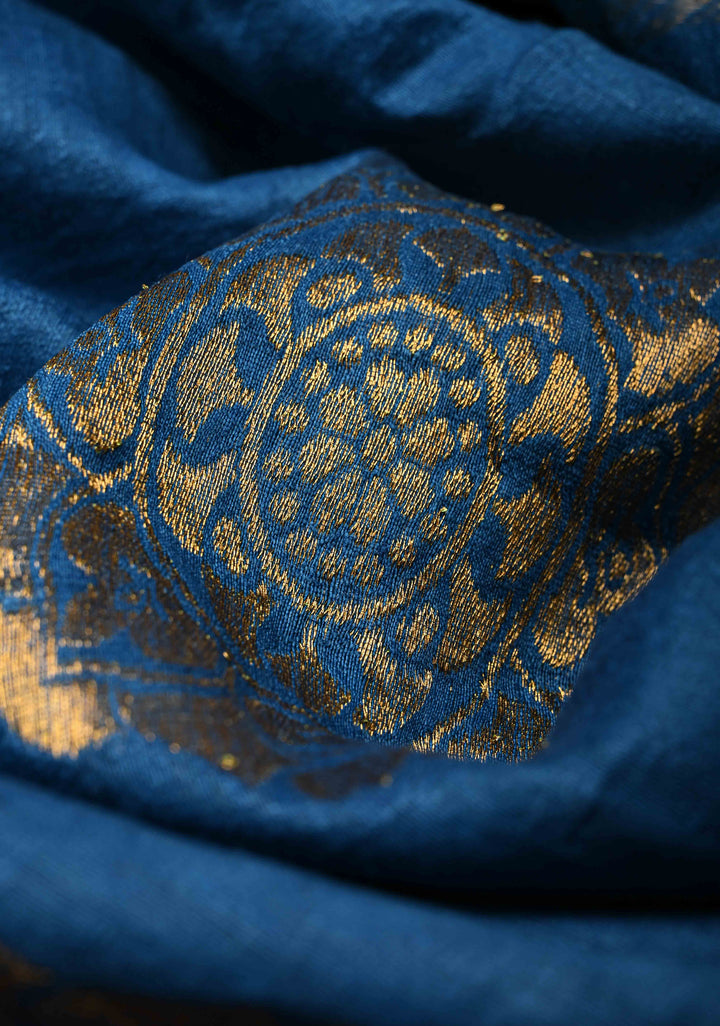 Blue Banarasi Linen Saree with Zari Buttas and Zari Border | SHOBITAM