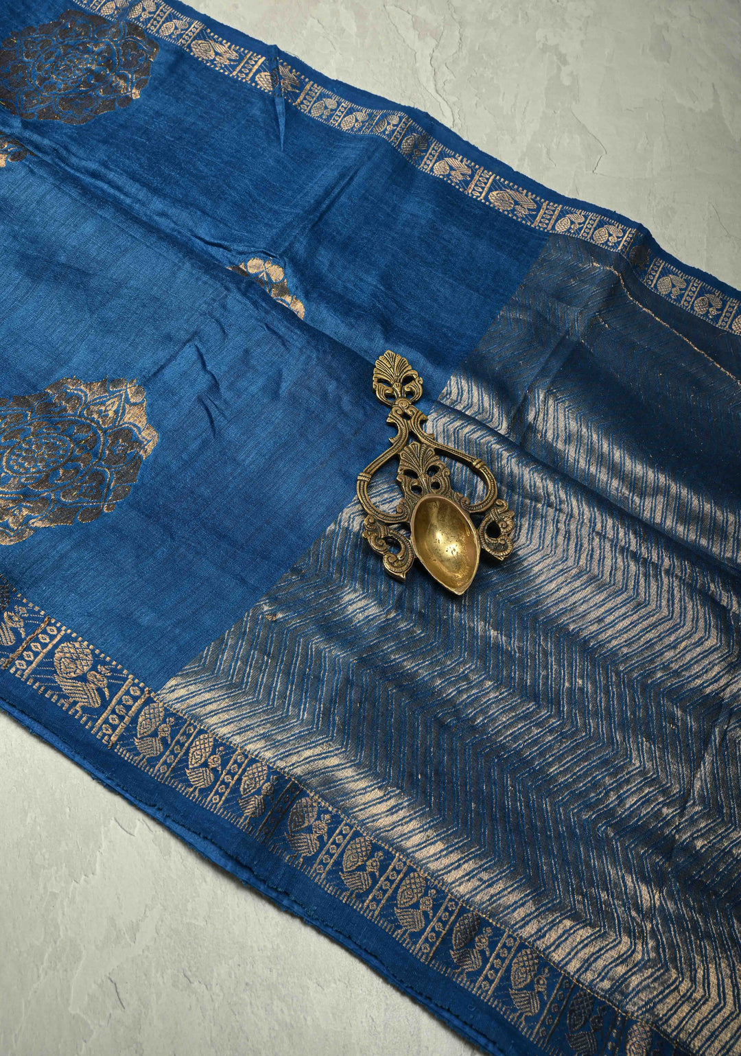 Blue Banarasi Linen Saree with Zari Buttas and Zari Border | SHOBITAM