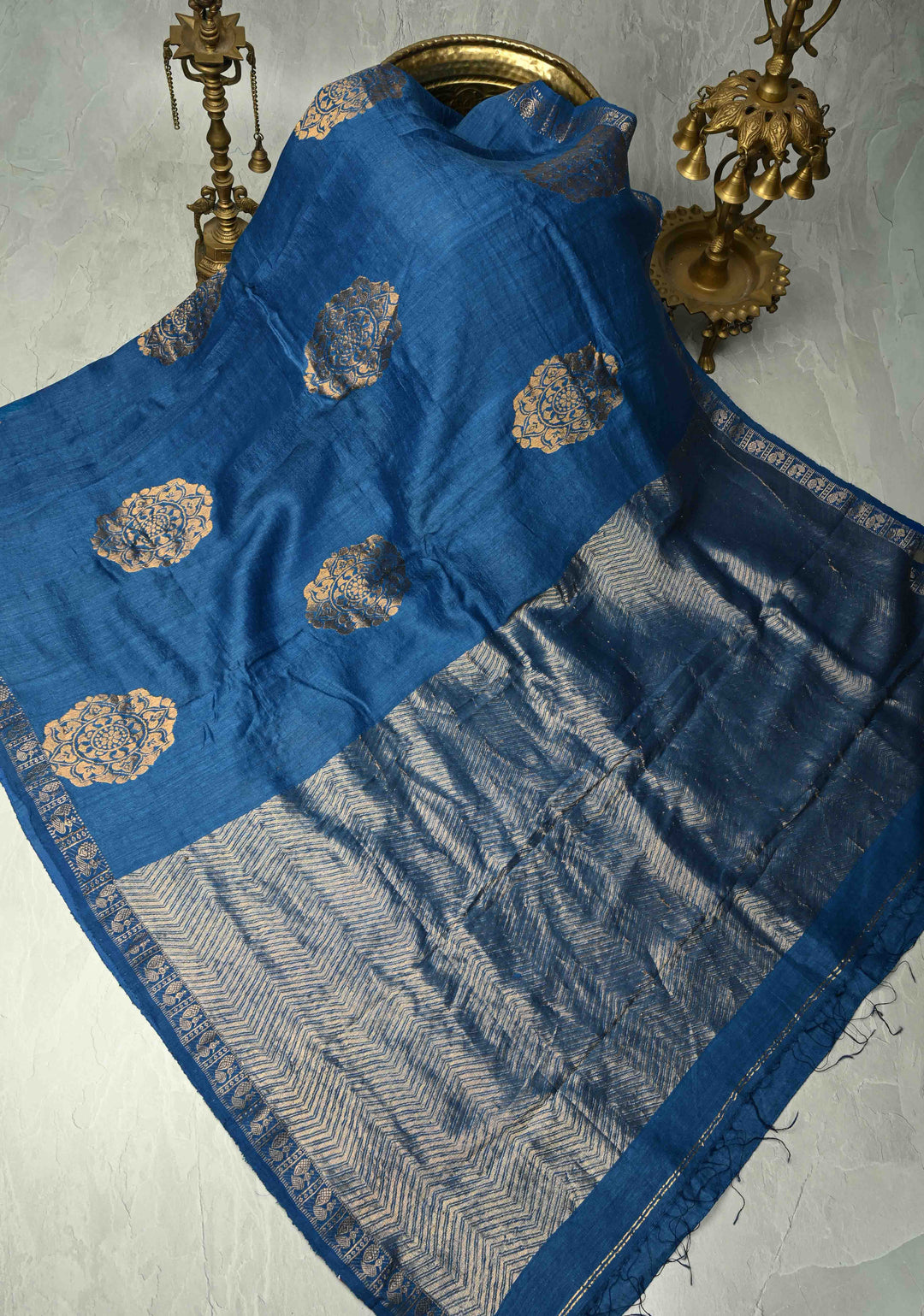 Blue Banarasi Linen Saree with Zari Buttas and Zari Border | SHOBITAM