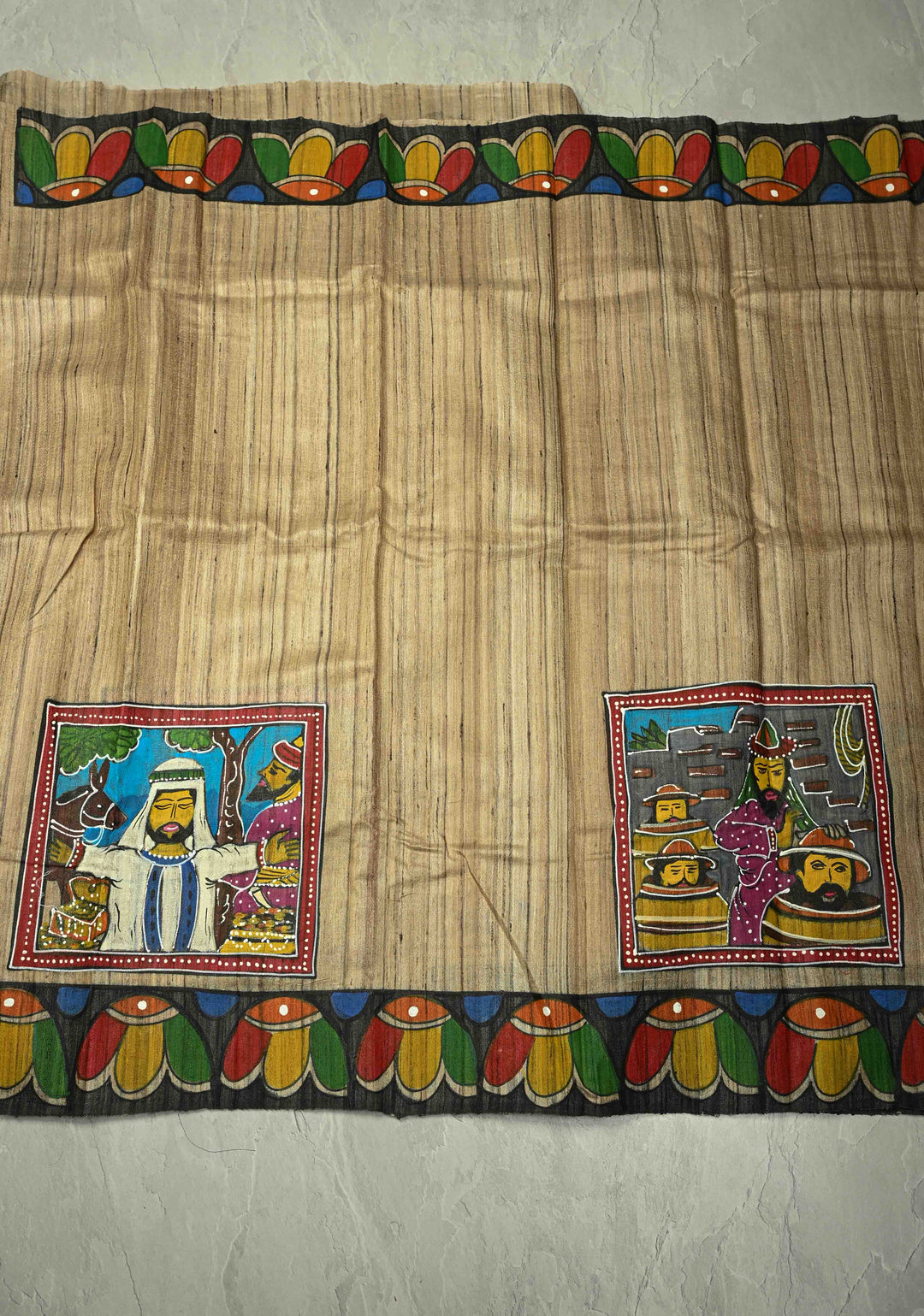 Natural Color Authentic Semi Ghicha Tussar Saree with Folk Tale Hand Painting