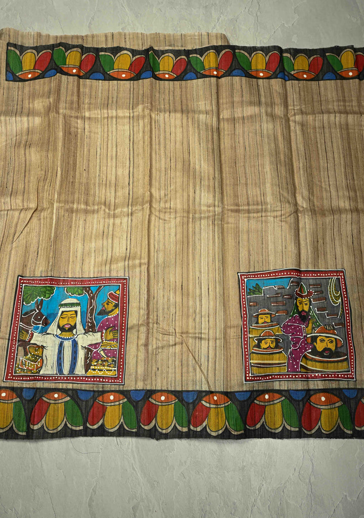 Natural Color Authentic Semi Ghicha Tussar Saree with Folk Tale Hand Painting
