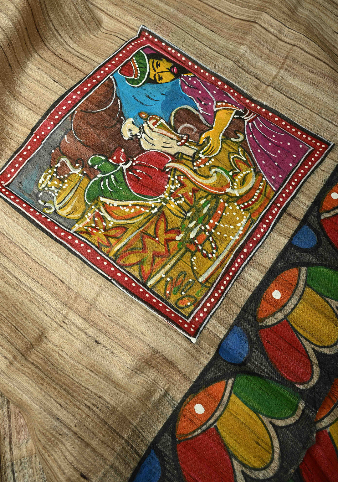 Natural Color Authentic Semi Ghicha Tussar Saree with Folk Tale Hand Painting