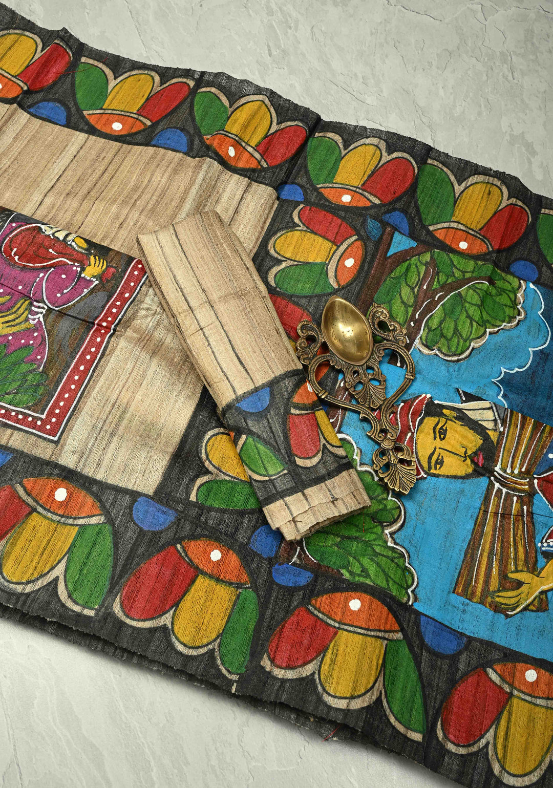 Natural Color Authentic Semi Ghicha Tussar Saree with Folk Tale Hand Painting