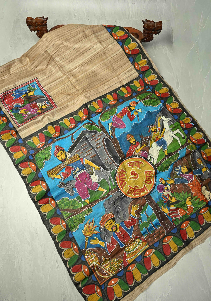Natural Color Authentic Semi Ghicha Tussar Saree with Folk Tale Hand Painting
