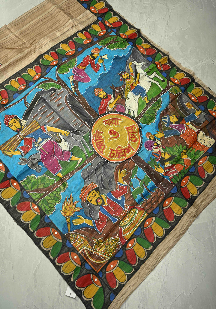 Natural Color Authentic Semi Ghicha Tussar Saree with Folk Tale Hand Painting