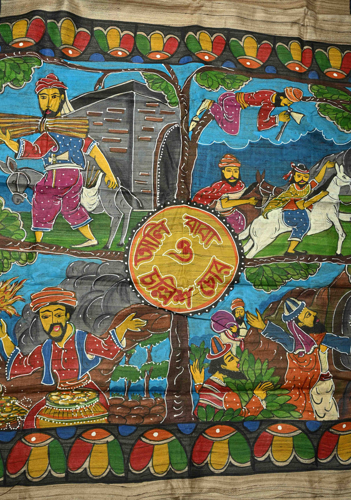 Natural Color Authentic Semi Ghicha Tussar Saree with Folk Tale Hand Painting