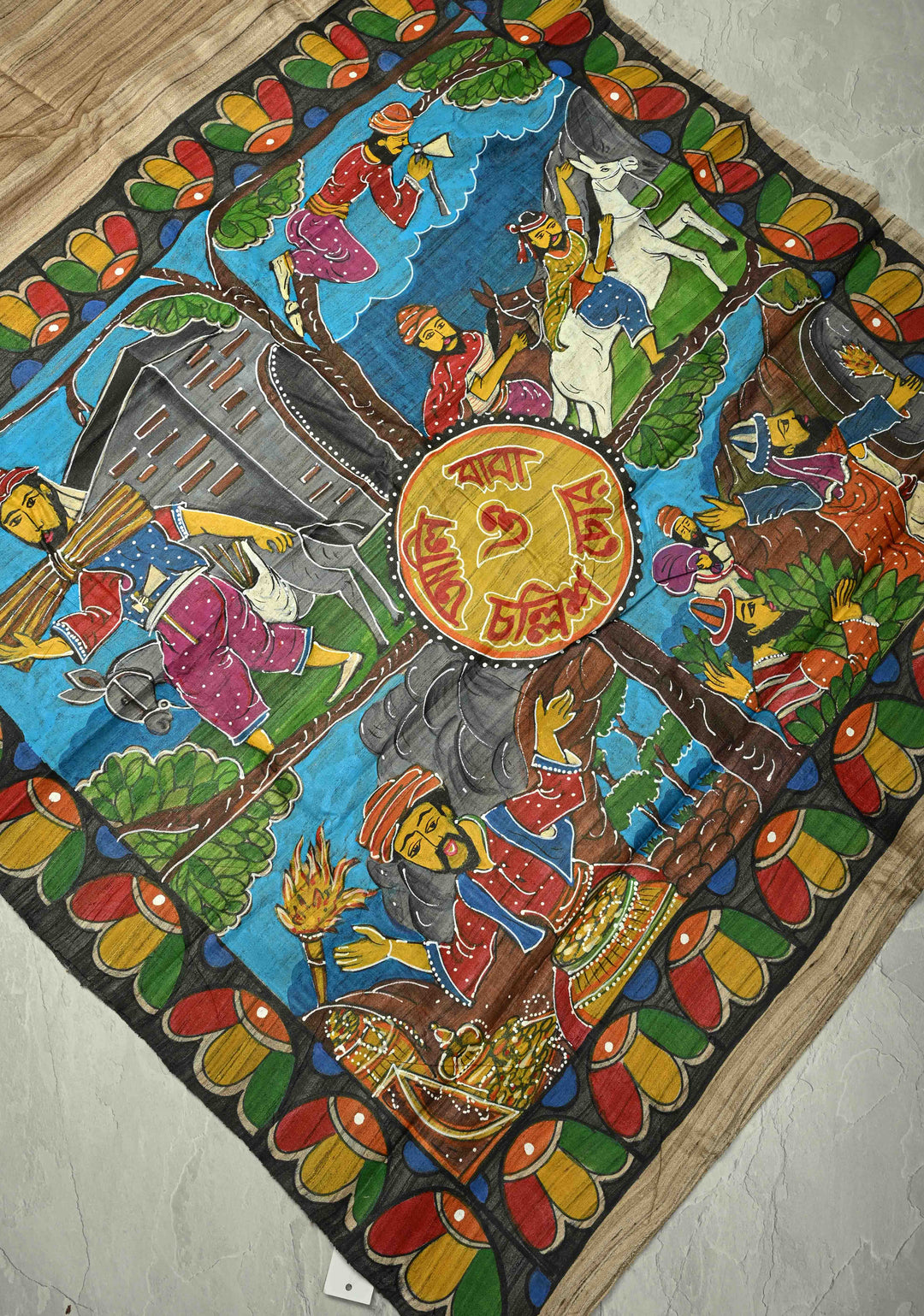 Natural Color Authentic Semi Ghicha Tussar Saree with Folk Tale Hand Painting