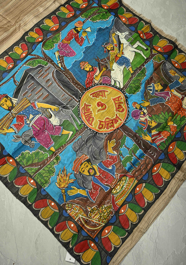 Natural Color Authentic Semi Ghicha Tussar Saree with Folk Tale Hand Painting