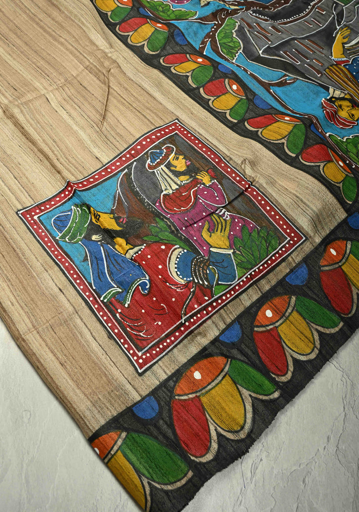 Natural Color Authentic Semi Ghicha Tussar Saree with Folk Tale Hand Painting