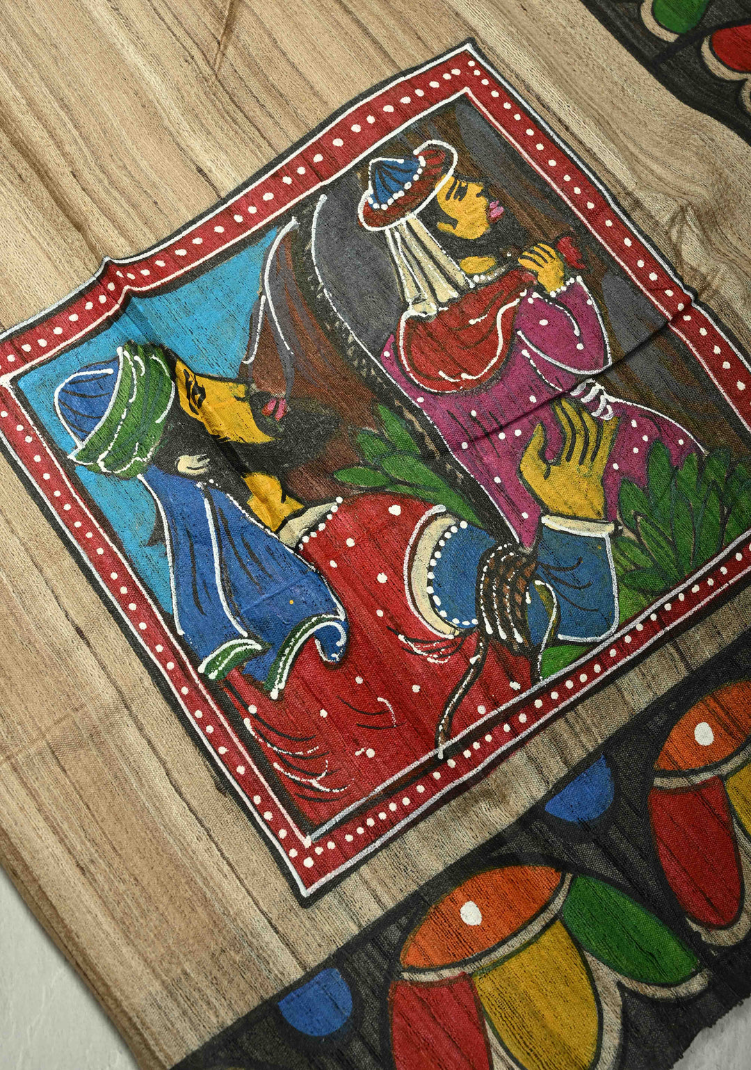 Natural Color Authentic Semi Ghicha Tussar Saree with Folk Tale Hand Painting