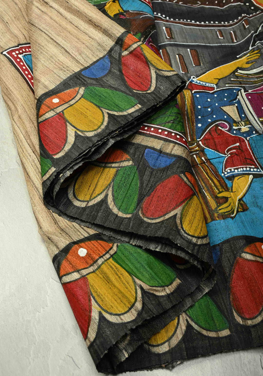 Natural Color Authentic Semi Ghicha Tussar Saree with Folk Tale Hand Painting