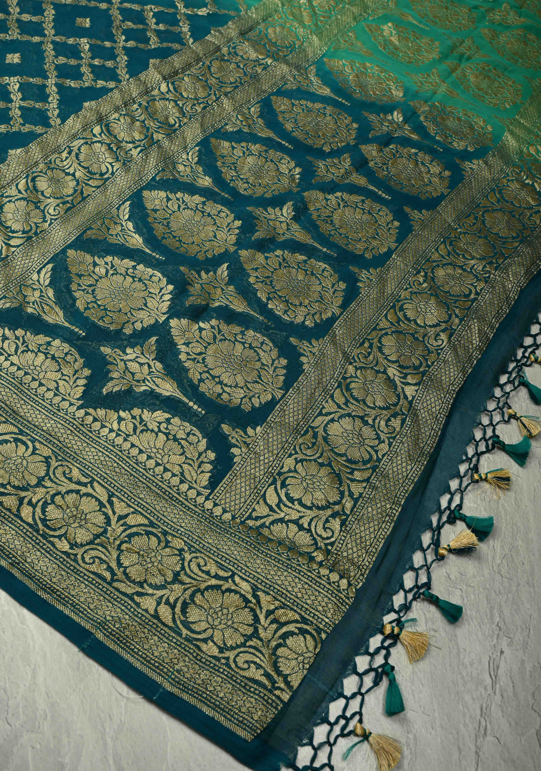 Authentic Hand Bandhej Banarasi Silk Georgette Saree in Green and Blue with Ombre Geometric Diamond pattern | SILK MARK CERTIFIED (Copy)