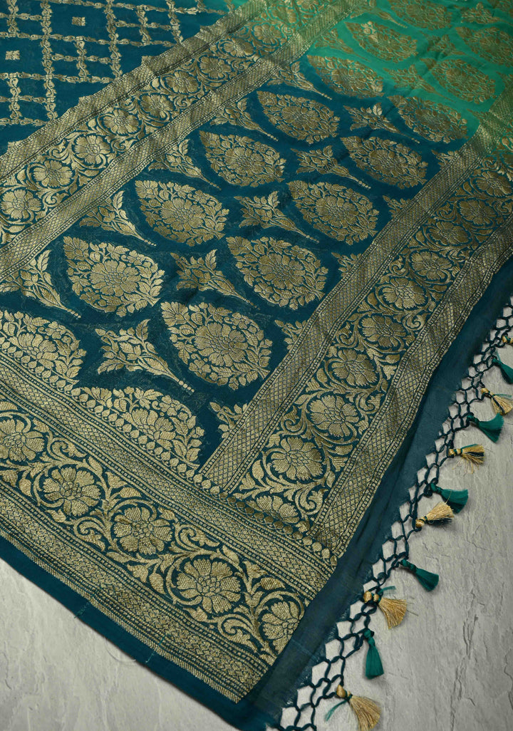 Authentic Hand Bandhej Banarasi Silk Georgette Saree in Green and Blue with Ombre Geometric Diamond pattern | SILK MARK CERTIFIED (Copy)