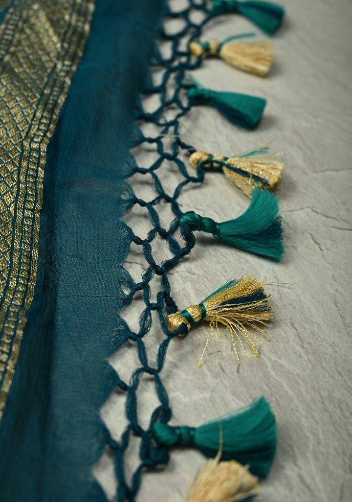 Authentic Hand Bandhej Banarasi Silk Georgette Saree in Green and Blue with Ombre Geometric Diamond pattern | SILK MARK CERTIFIED (Copy)