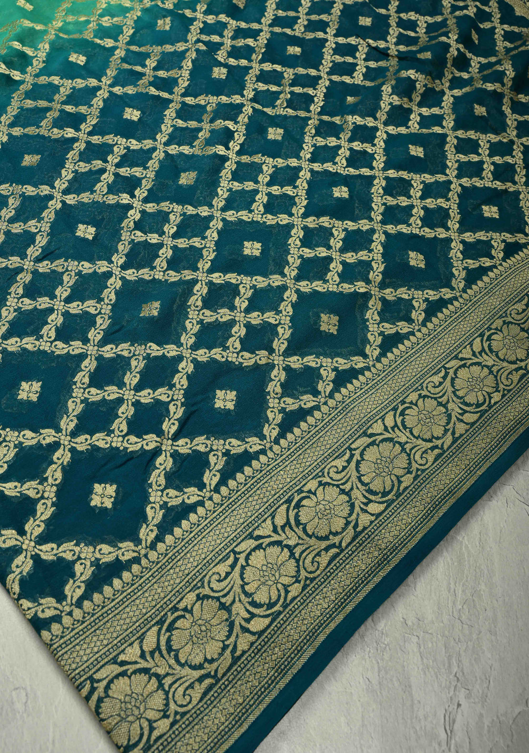 Authentic Hand Bandhej Banarasi Silk Georgette Saree in Green and Blue with Ombre Geometric Diamond pattern | SILK MARK CERTIFIED (Copy)