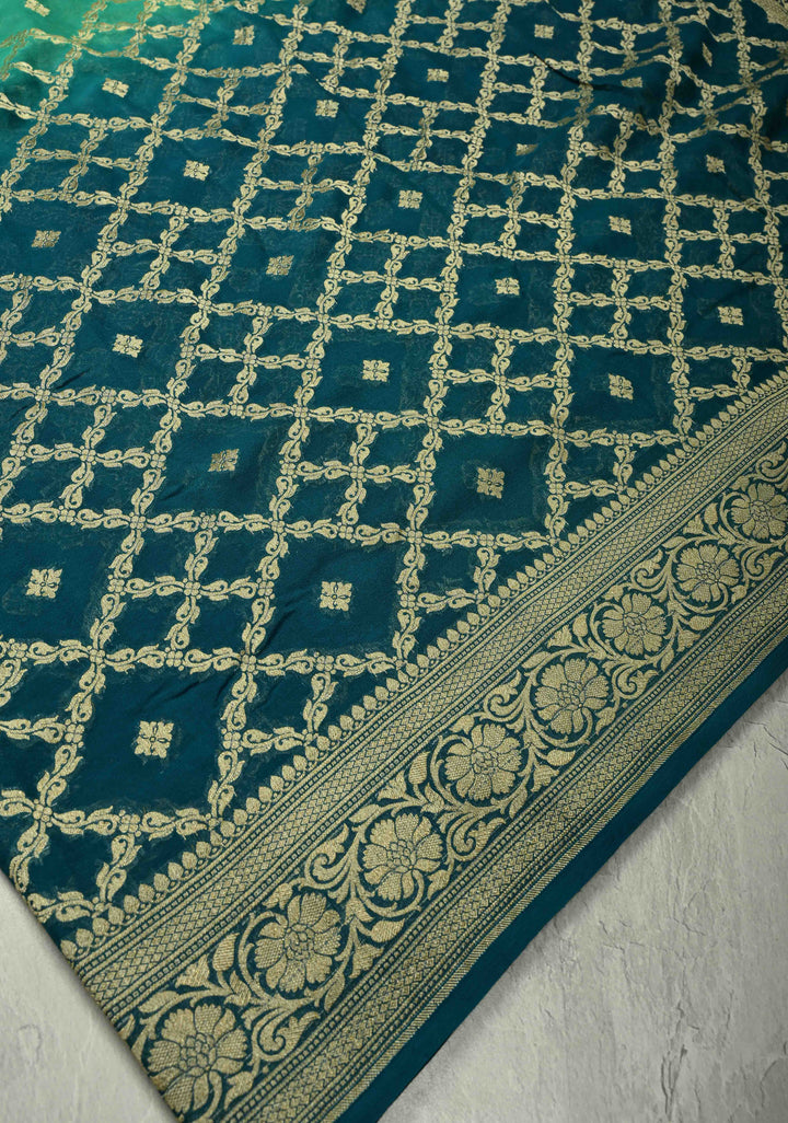 Authentic Hand Bandhej Banarasi Silk Georgette Saree in Green and Blue with Ombre Geometric Diamond pattern | SILK MARK CERTIFIED (Copy)