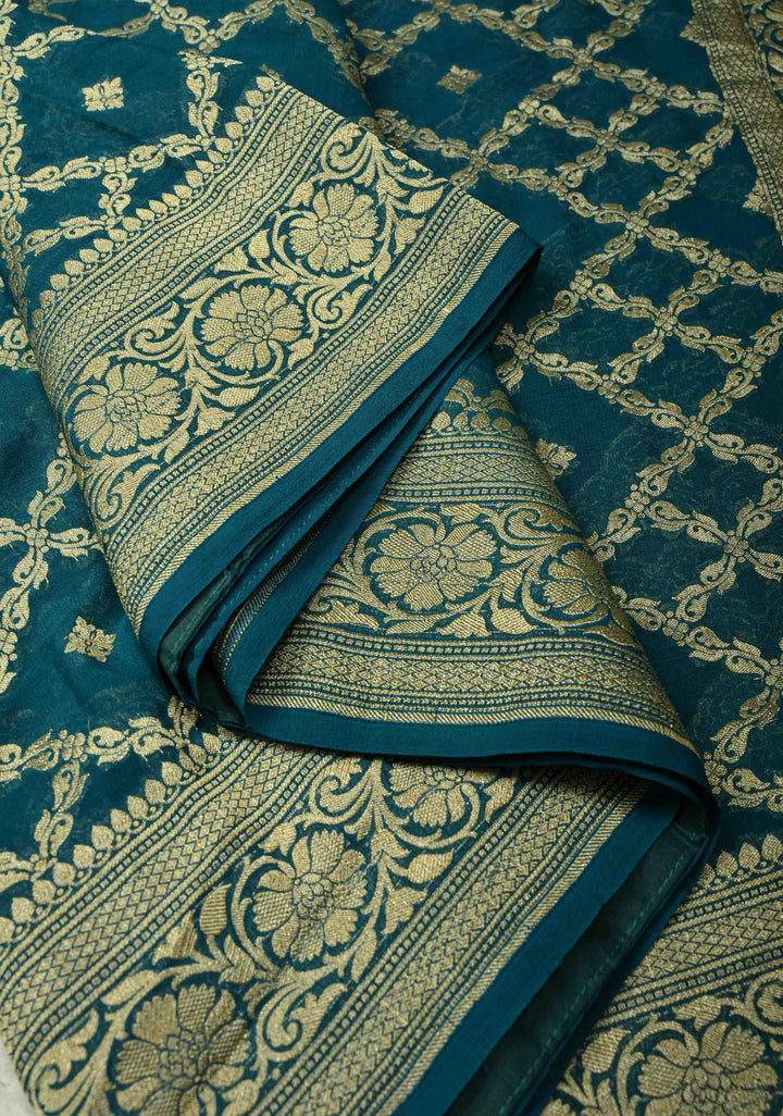 Authentic Hand Bandhej Banarasi Silk Georgette Saree in Green and Blue with Ombre Geometric Diamond pattern | SILK MARK CERTIFIED (Copy)