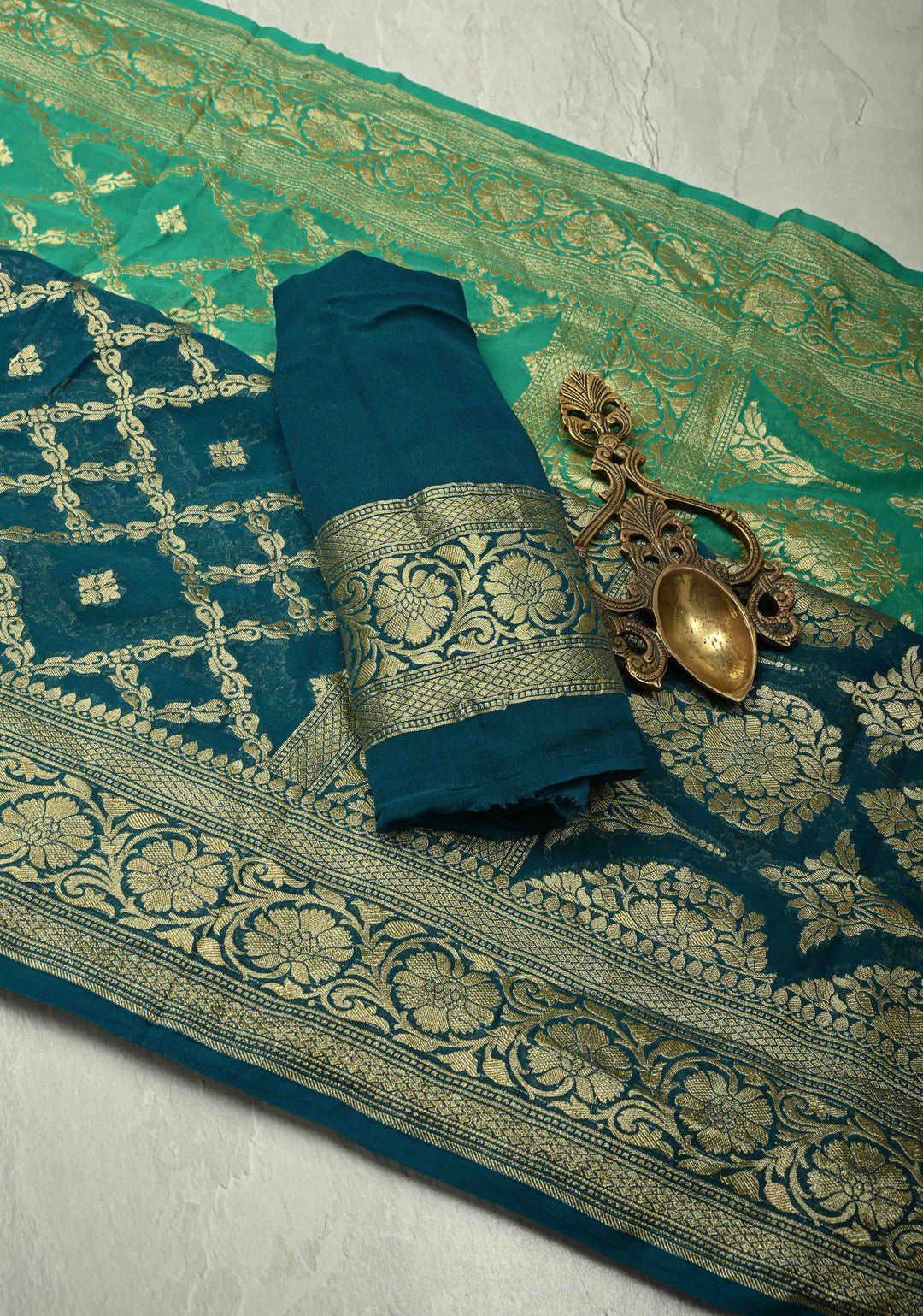 Authentic Hand Bandhej Banarasi Silk Georgette Saree in Green and Blue with Ombre Geometric Diamond pattern | SILK MARK CERTIFIED (Copy)