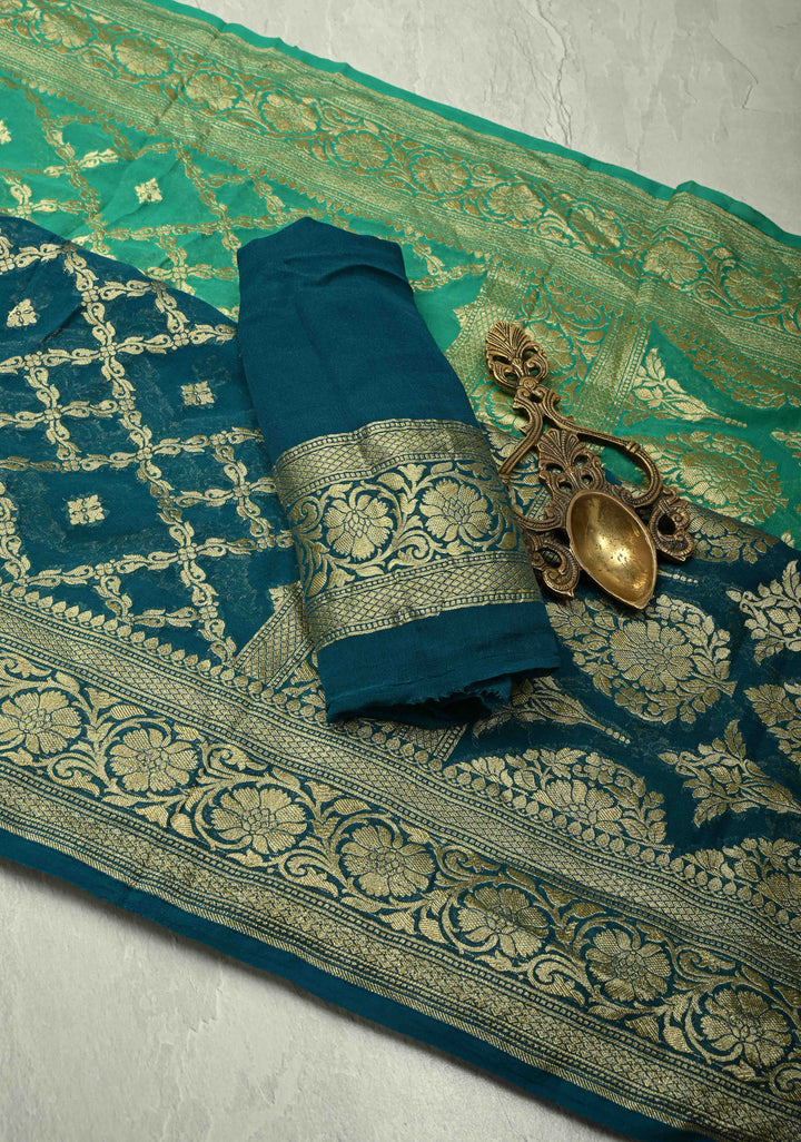 Authentic Hand Bandhej Banarasi Silk Georgette Saree in Green and Blue with Ombre Geometric Diamond pattern | SILK MARK CERTIFIED (Copy)