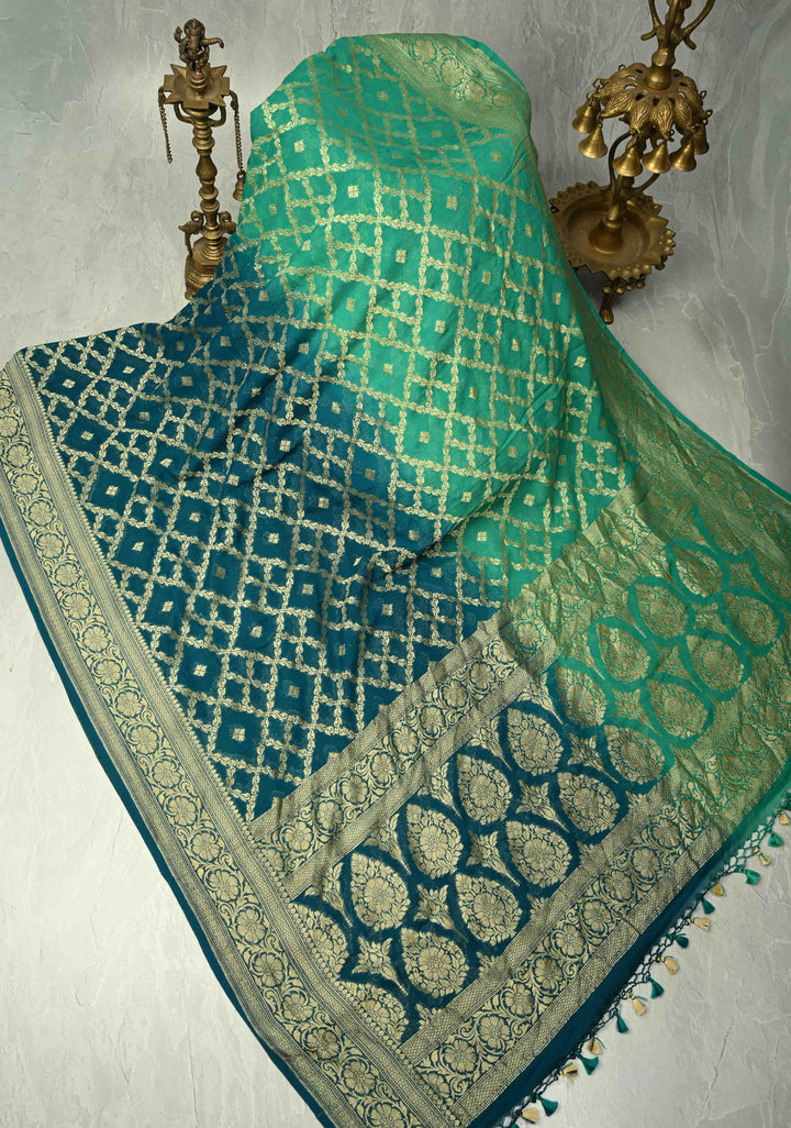 Authentic Hand Bandhej Banarasi Silk Georgette Saree in Green and Blue with Ombre Geometric Diamond pattern | SILK MARK CERTIFIED (Copy)