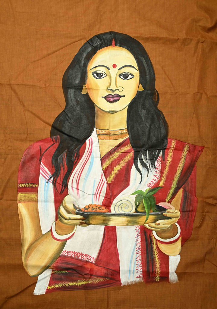Camel Brown Chettinad Cotton Saree with Border and Bengali Lady Handpainting on Pallu, No Blouse Piece