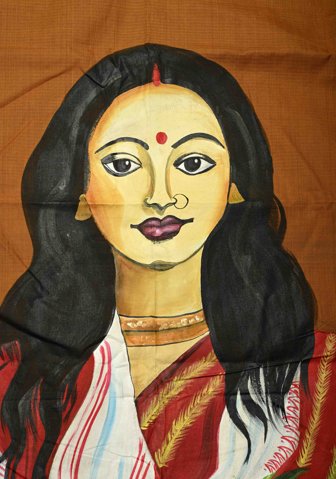 Camel Brown Chettinad Cotton Saree with Border and Bengali Lady Handpainting on Pallu, No Blouse Piece