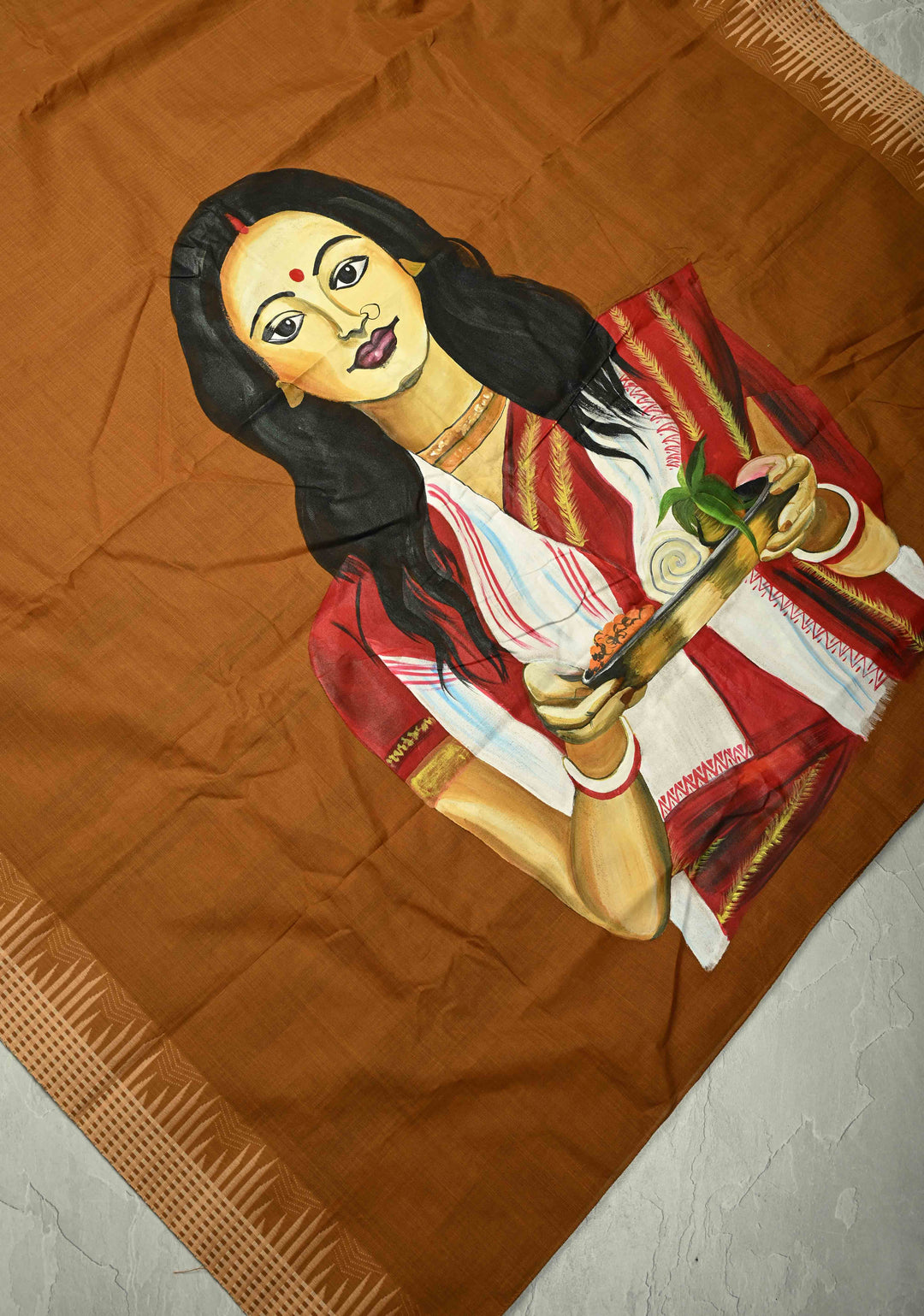 Camel Brown Chettinad Cotton Saree with Border and Bengali Lady Handpainting on Pallu, No Blouse Piece
