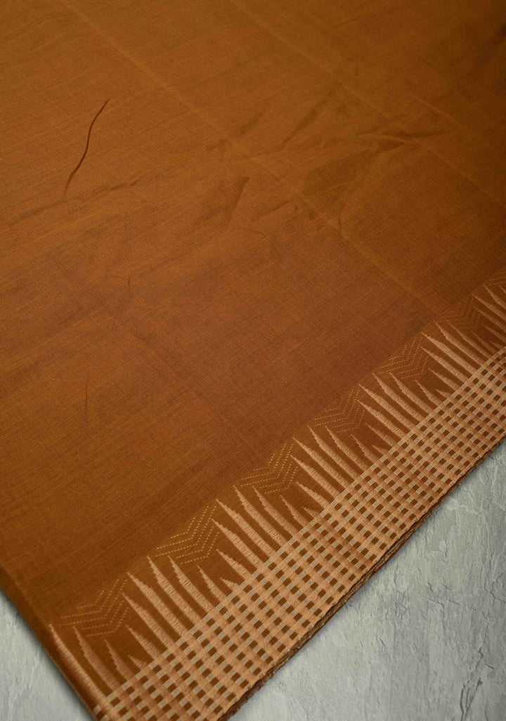Camel Brown Chettinad Cotton Saree with Border and Bengali Lady Handpainting on Pallu, No Blouse Piece