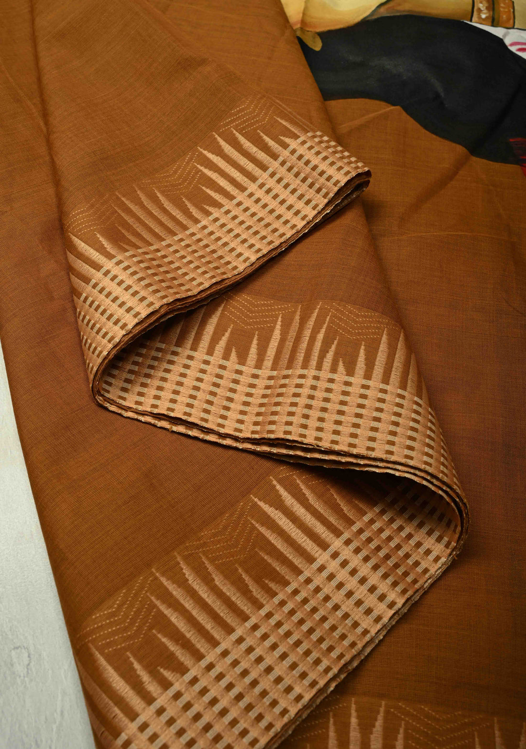 Camel Brown Chettinad Cotton Saree with Border and Bengali Lady Handpainting on Pallu, No Blouse Piece
