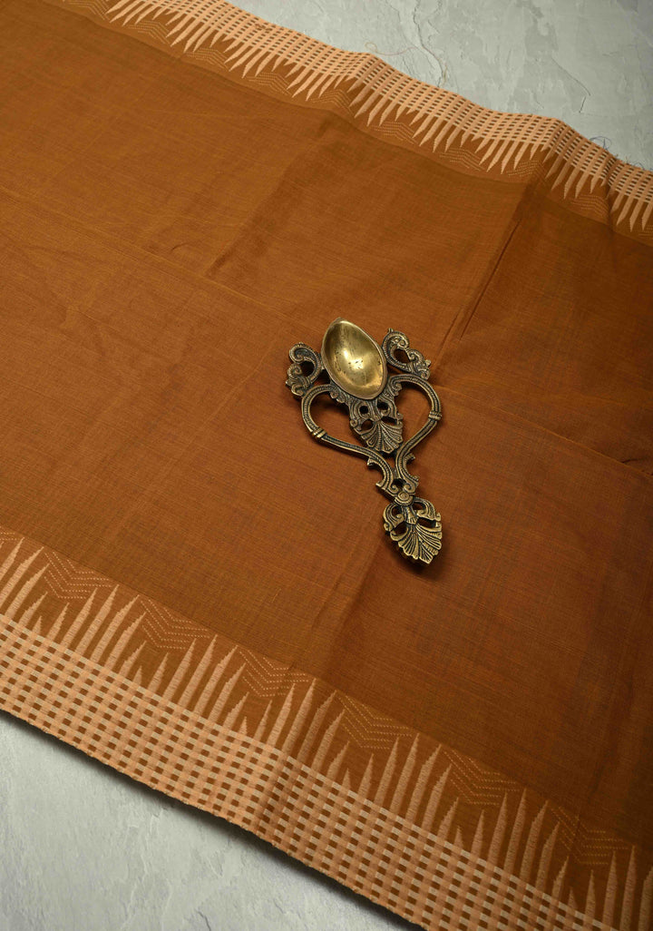 Camel Brown Chettinad Cotton Saree with Border and Bengali Lady Handpainting on Pallu, No Blouse Piece