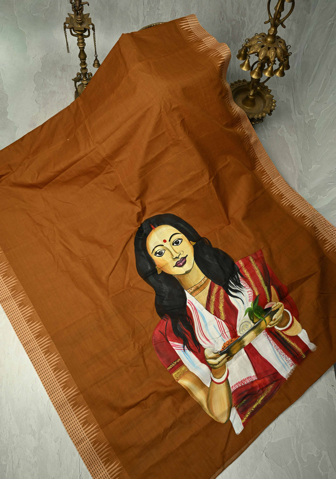 Camel Brown Chettinad Cotton Saree with Border and Bengali Lady Handpainting on Pallu, No Blouse Piece