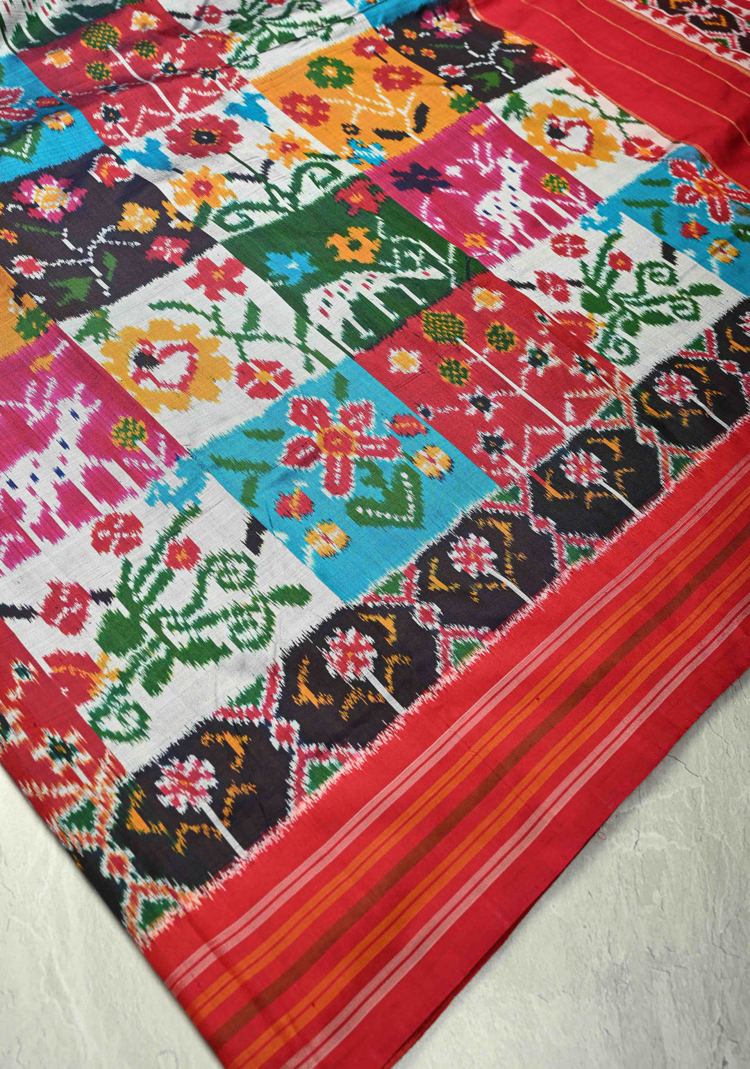 Multicolor Pochampally Ikkat Pure Silk Saree with Rangkaat Style and Stack Border | SILK MARK CERTIFIED