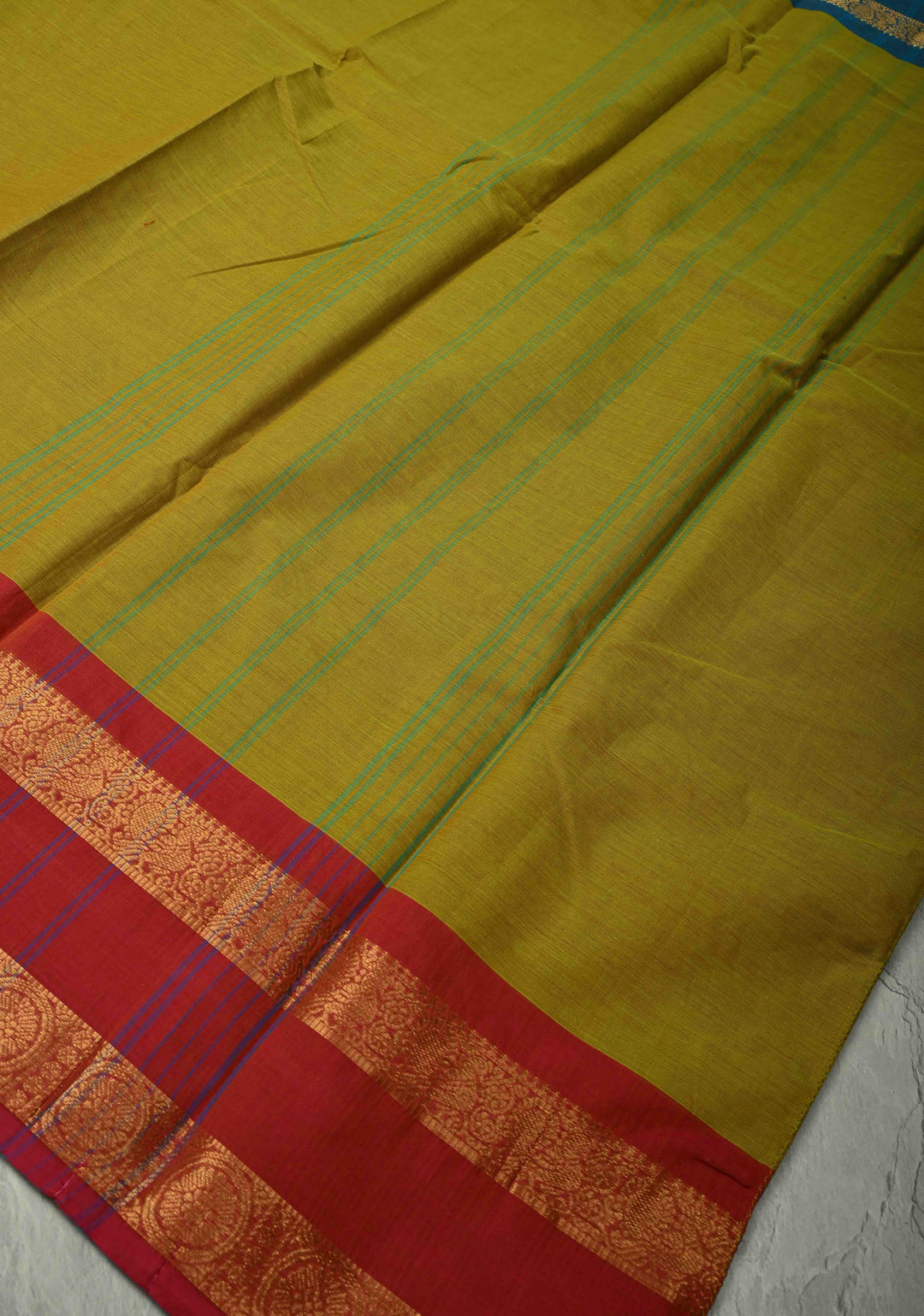 Methi Green Kanchi Cotton Saree with Ganga Jamuna Zari Border, No Blouse piece