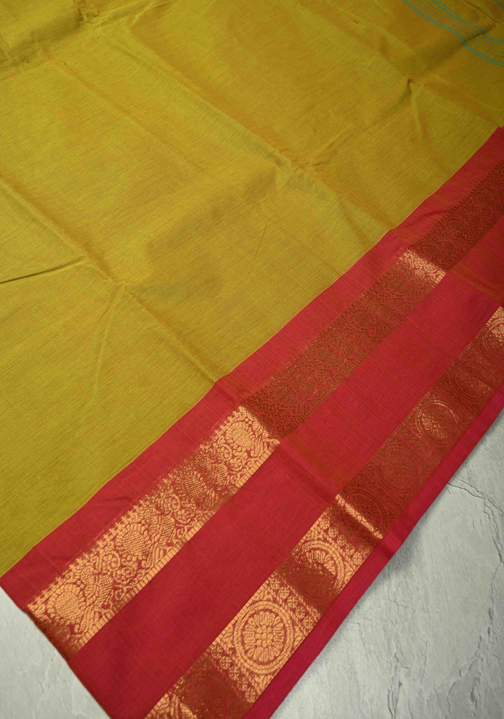 Methi Green Kanchi Cotton Saree with Ganga Jamuna Zari Border, No Blouse piece