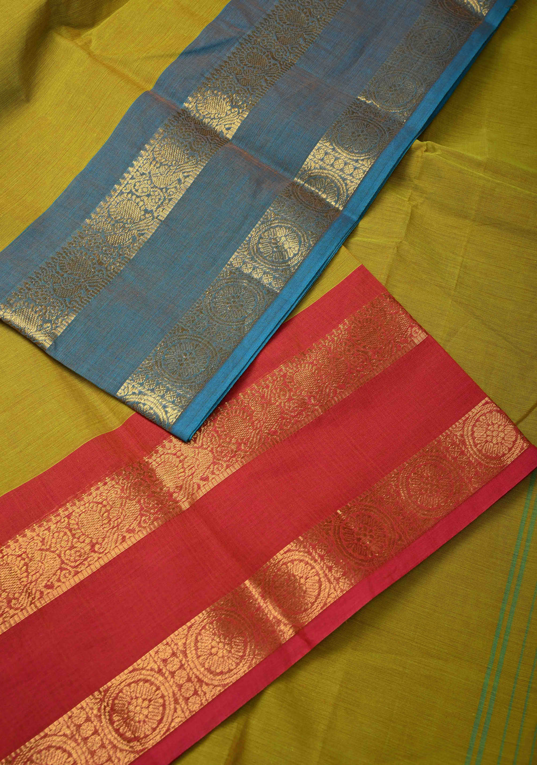 Methi Green Kanchi Cotton Saree with Ganga Jamuna Zari Border, No Blouse piece