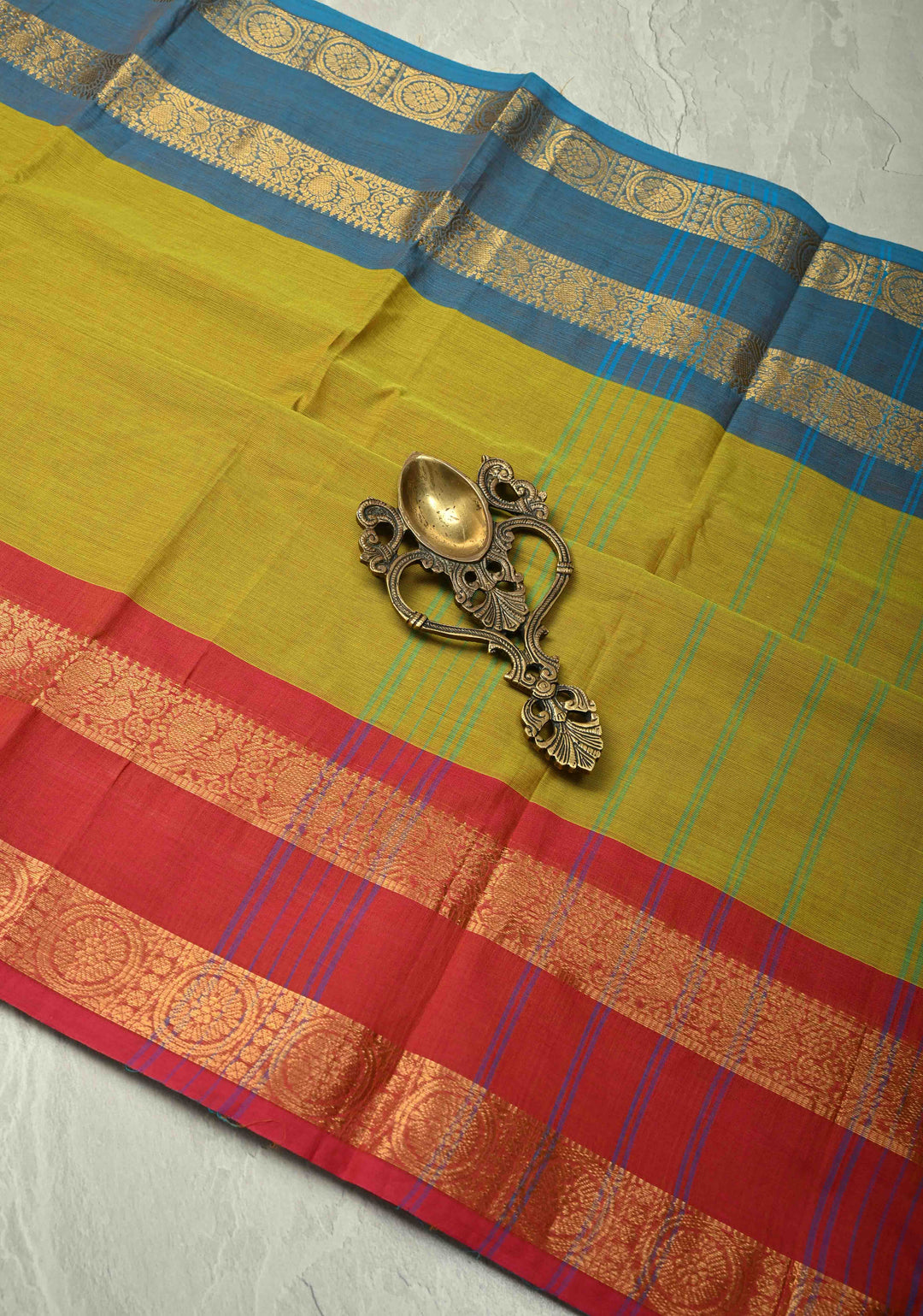 Methi Green Kanchi Cotton Saree with Ganga Jamuna Zari Border, No Blouse piece