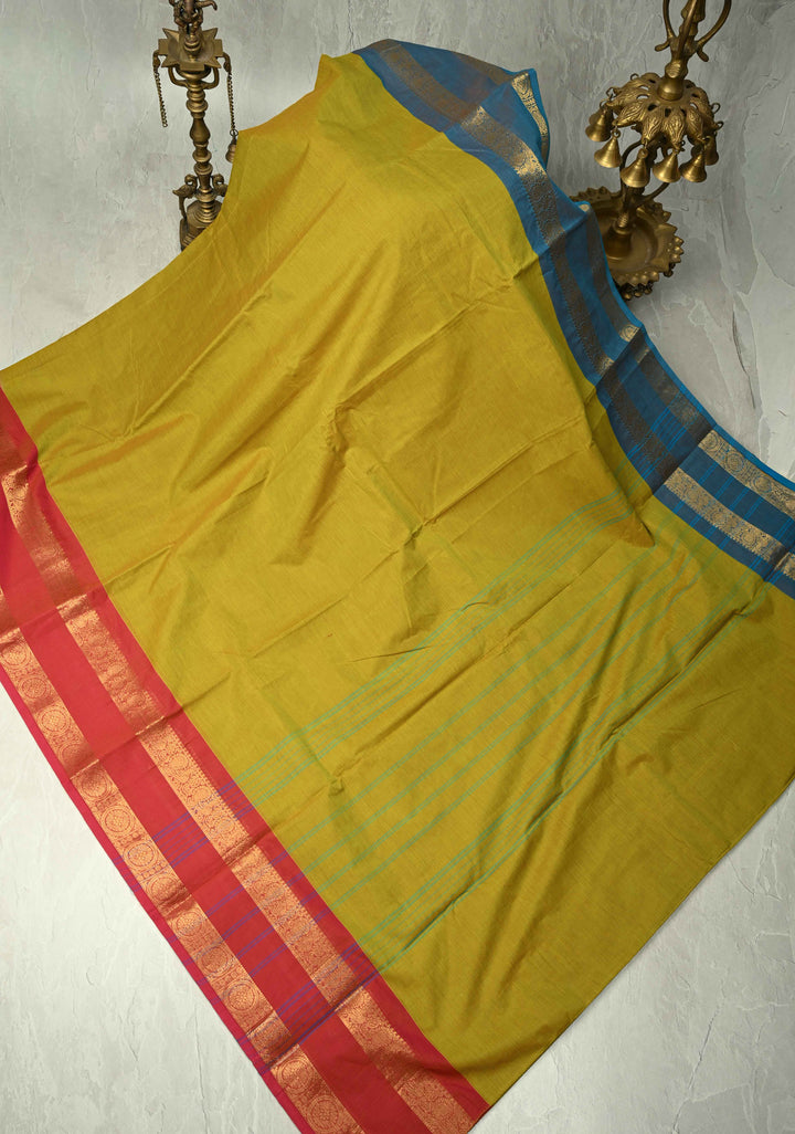 Methi Green Kanchi Cotton Saree with Ganga Jamuna Zari Border, No Blouse piece