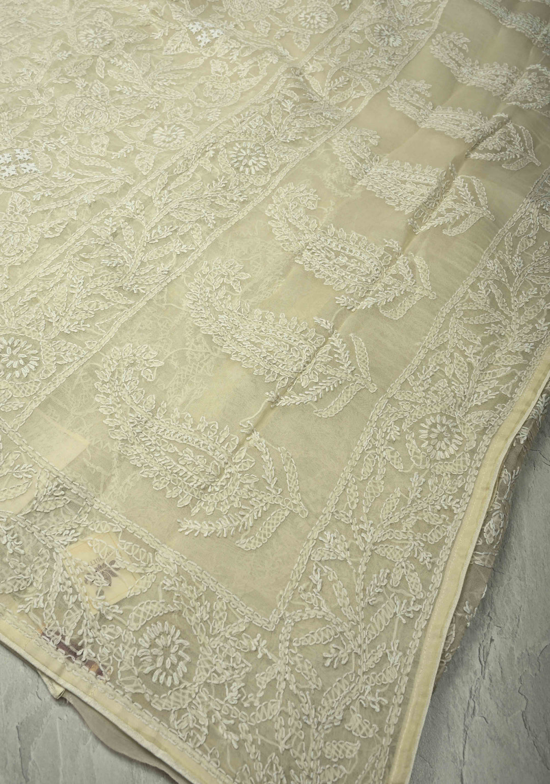 Cream Authentic Hand-Embroidered Full Jaal Chikankari on Voile Cotton Saree