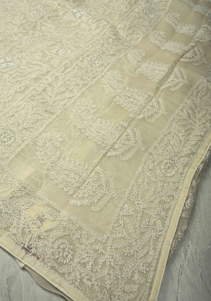 Cream Authentic Hand-Embroidered Full Jaal Chikankari on Voile Cotton Saree