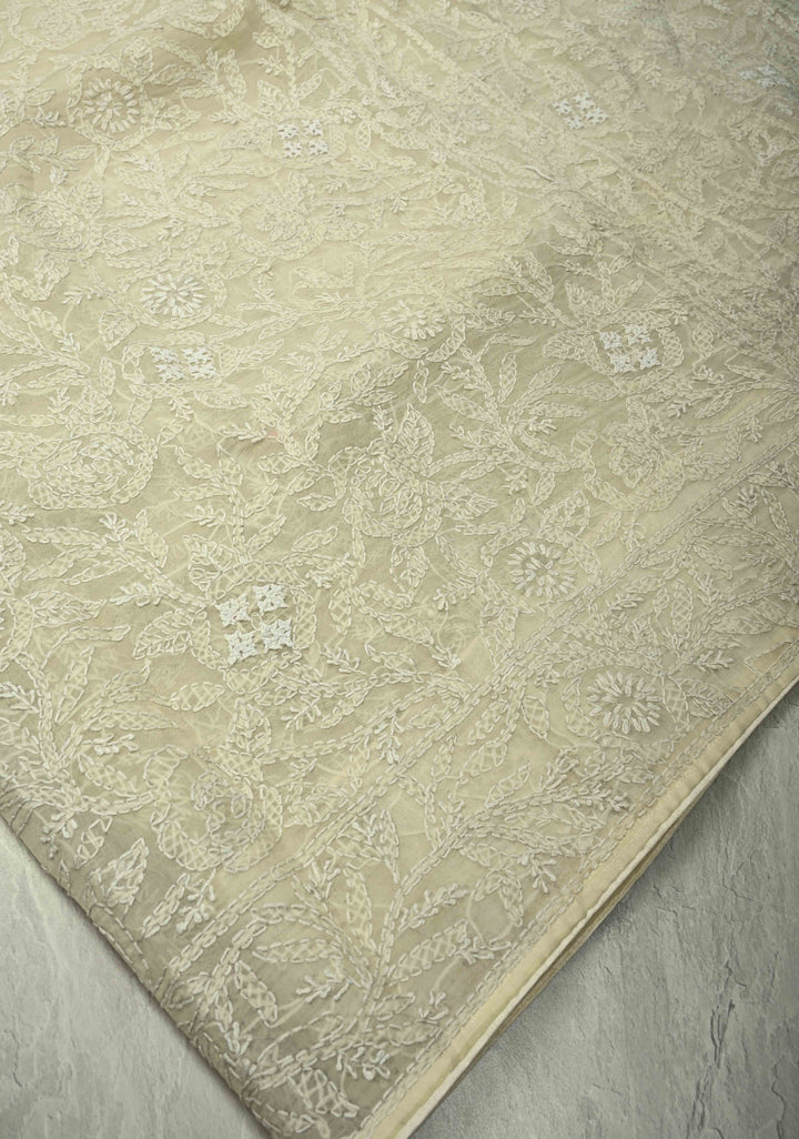 Cream Authentic Hand-Embroidered Full Jaal Chikankari on Voile Cotton Saree