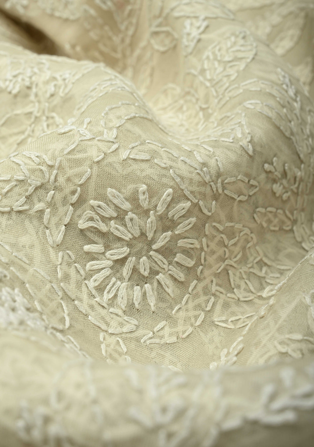 Cream Authentic Hand-Embroidered Full Jaal Chikankari on Voile Cotton Saree