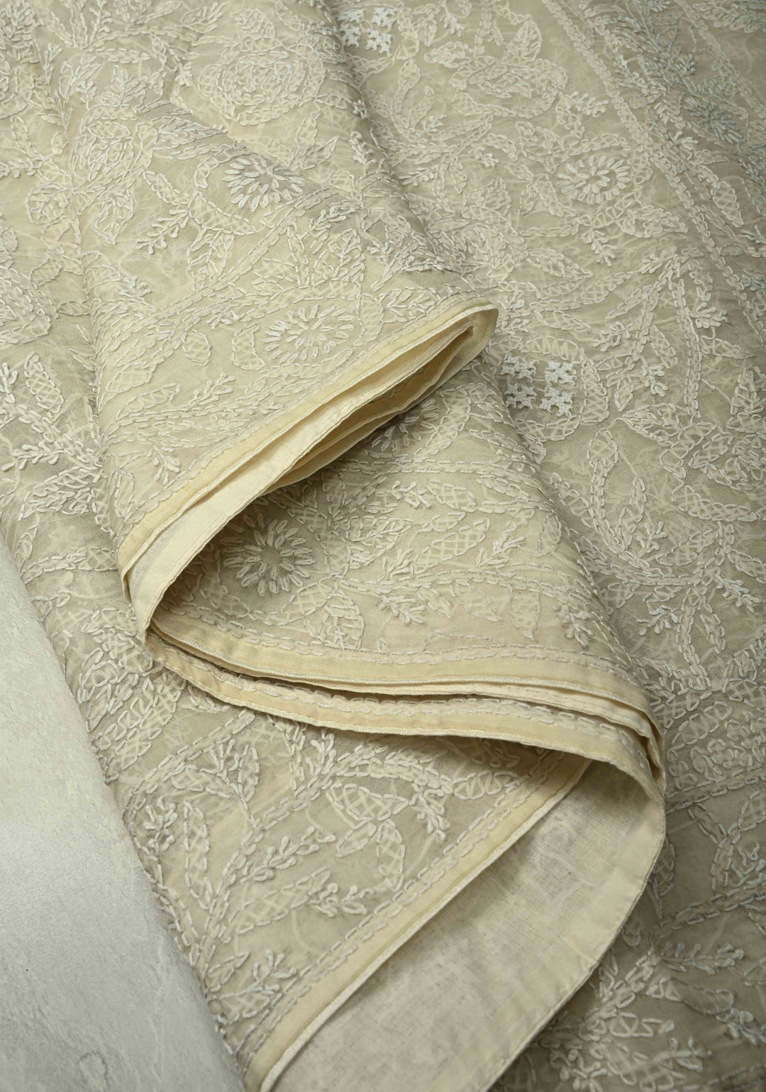 Cream Authentic Hand-Embroidered Full Jaal Chikankari on Voile Cotton Saree