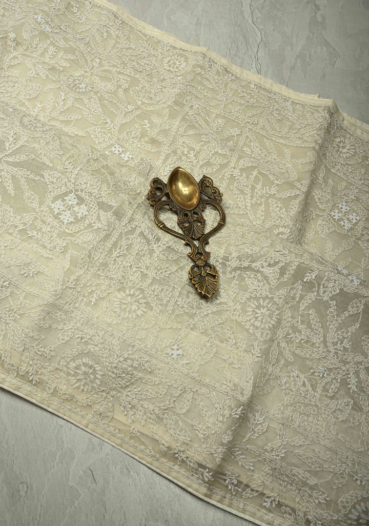 Cream Authentic Hand-Embroidered Full Jaal Chikankari on Voile Cotton Saree