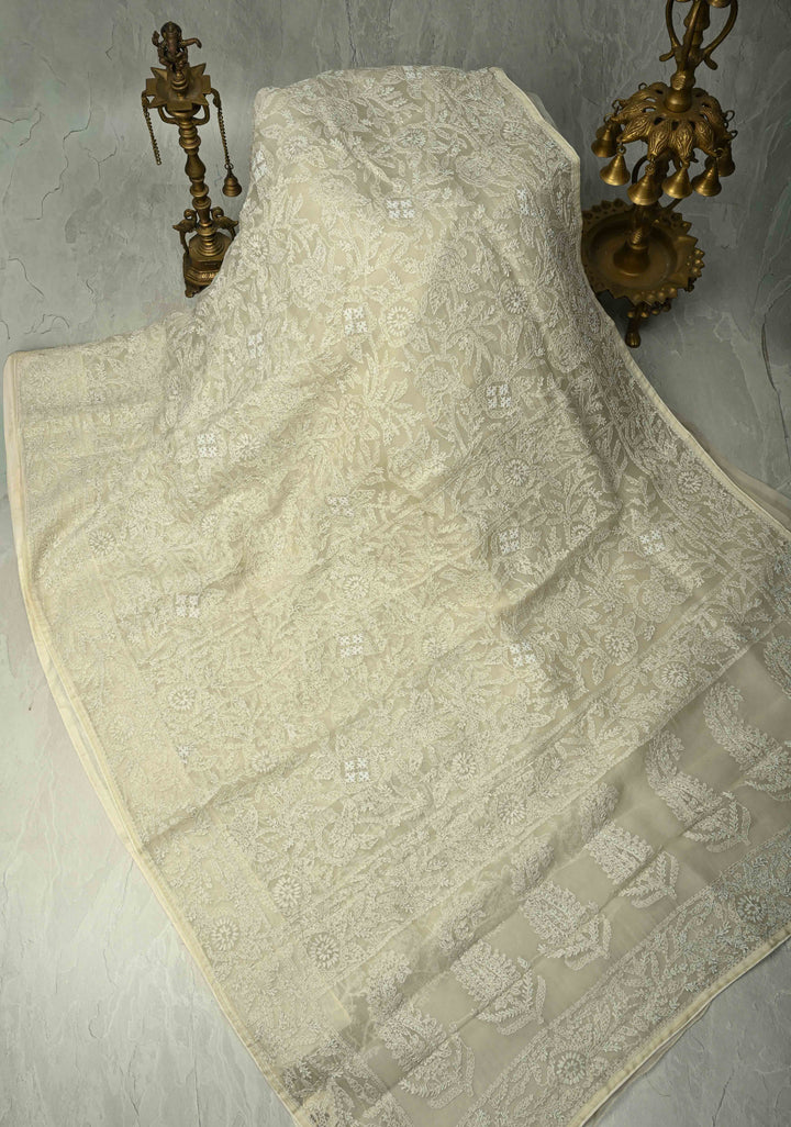 Cream Authentic Hand-Embroidered Full Jaal Chikankari on Voile Cotton Saree