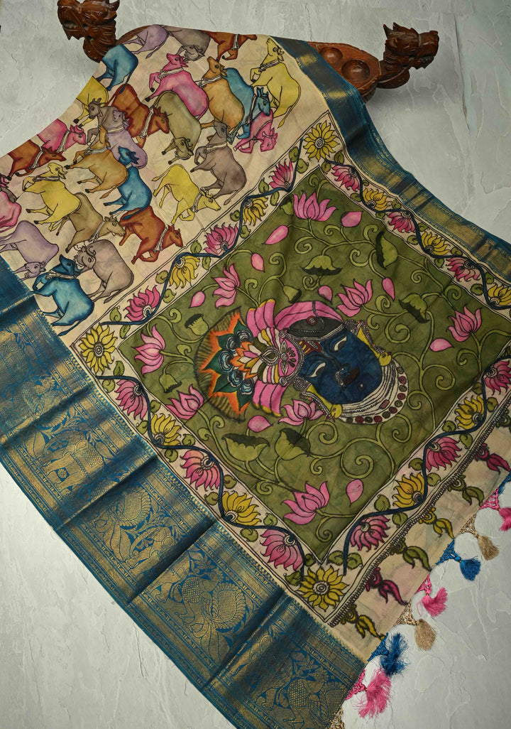 Nandi and Shrinath Ji Theme: Beige Authentic Pen kalamkari on Pure Mulberry Silk Saree With Wide Zari Border | SILK MARK CERTIFIED