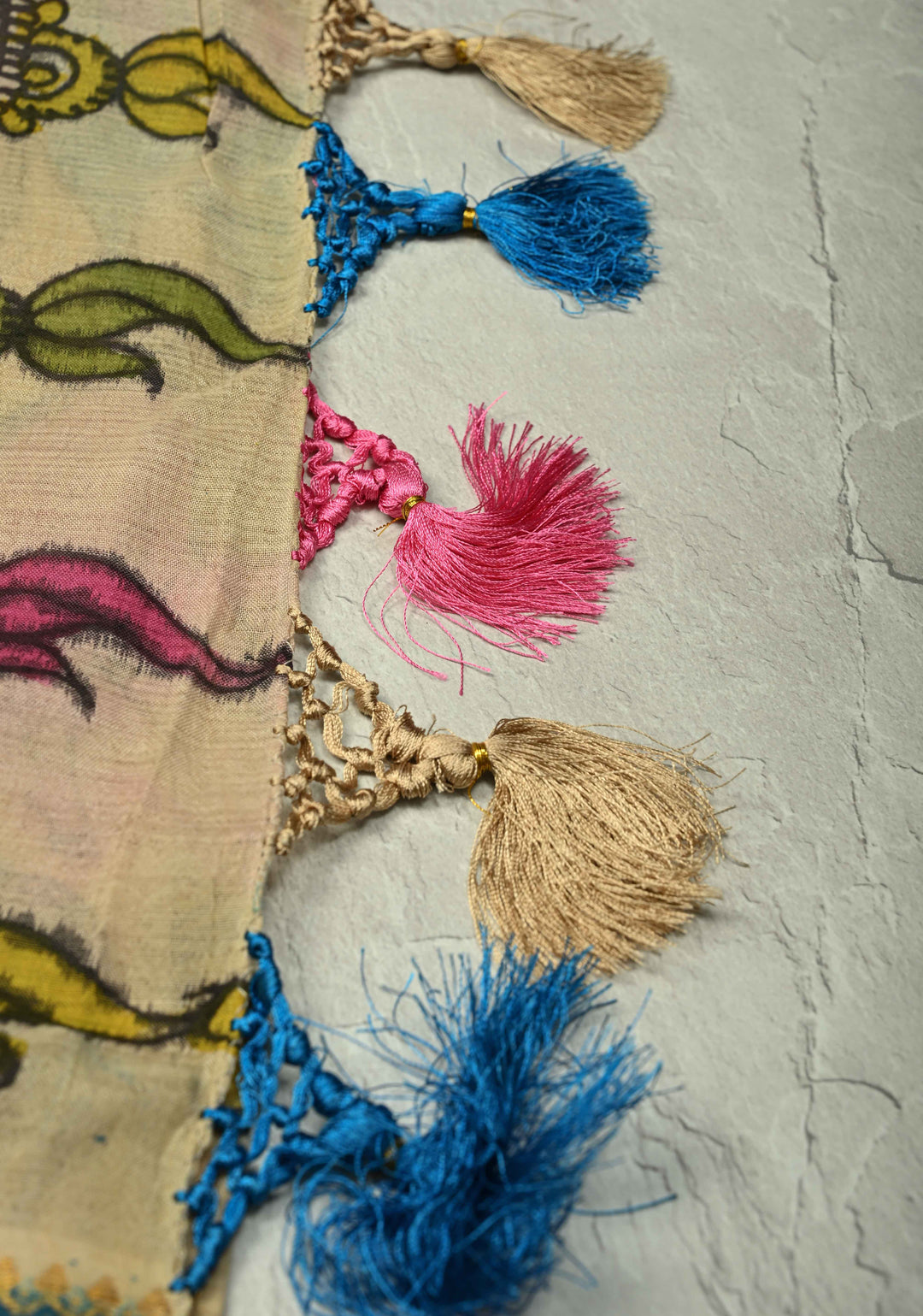 Nandi and Shrinath Ji Theme: Beige Authentic Pen kalamkari on Pure Mulberry Silk Saree With Wide Zari Border | SILK MARK CERTIFIED